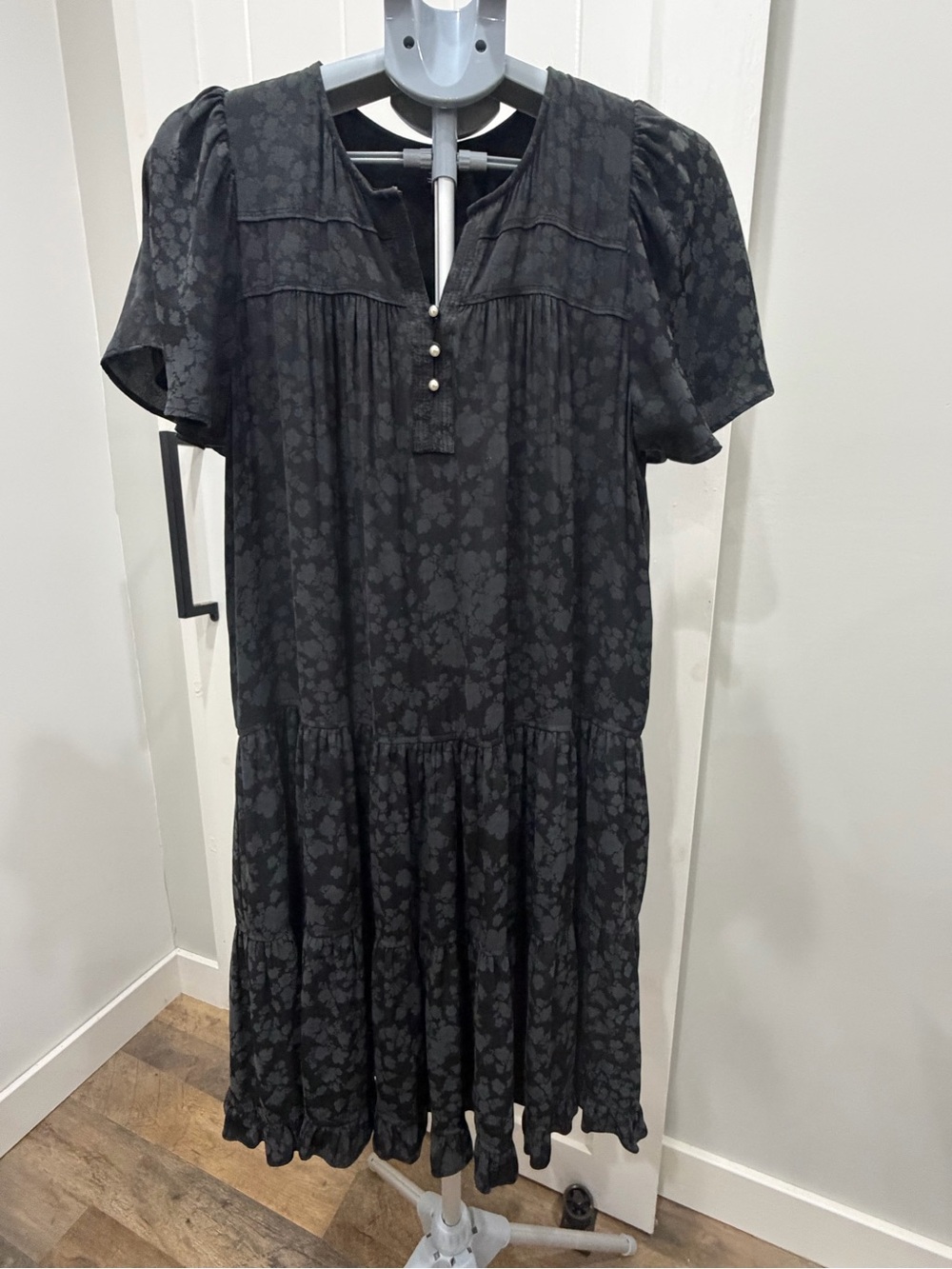 Current Air Anthropologie Black Floral Midi Tiered Dress